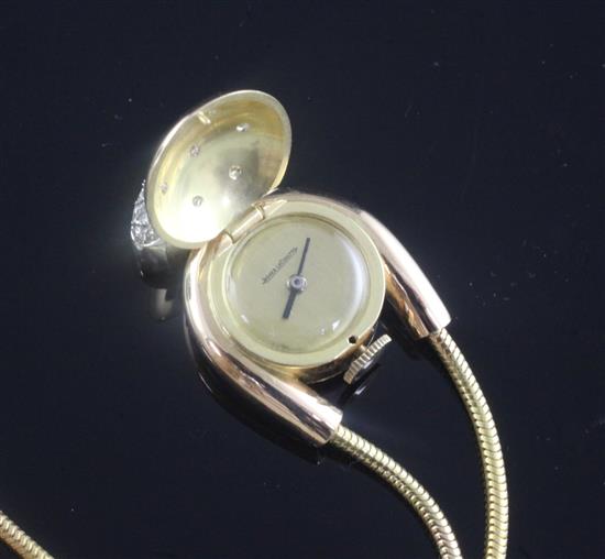 A stylish French Jaeger Le Coultre 18ct gold and diamond set pendant necklace watch, 47cm.